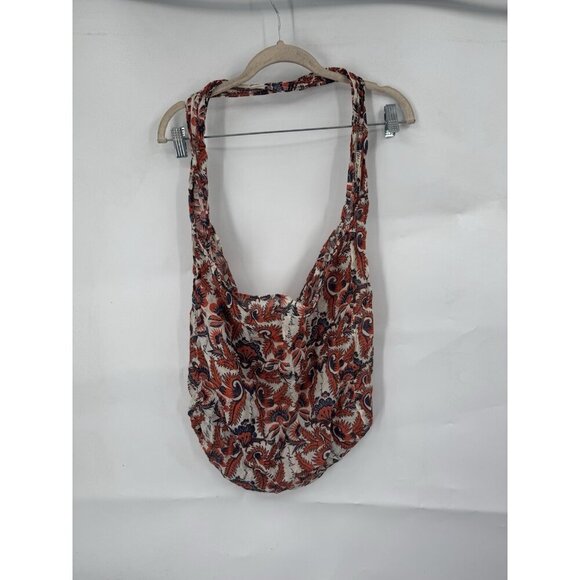 Free People Hobo Tote Shoulder Bag Orange Linen Floral Beach Boho Hippie Gauzy - Picture 2 of 7